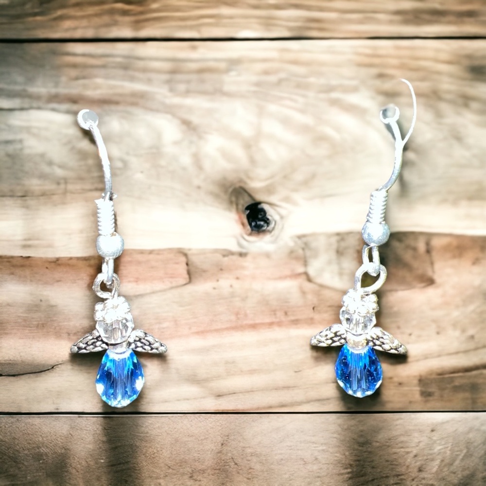 Swarovski Crystal Drop Dangle Blue Angel 😇 Halo Inspired With wings Earrings